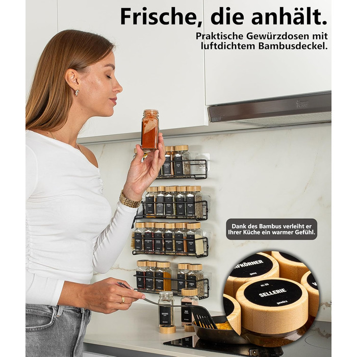 Настінна підставка для спецій Deco haus (свердління не потрібне) З 24 БАНКАМИ ДЛЯ СПЕЦІЙ ТА ЕТИКЕТКАМИ - Підвісна підставка для спецій, набір з 4 шт. - Настінний тримач для спецій - Клейкі підставки для спецій для дверцят шаф - Органайзер для підставок дл