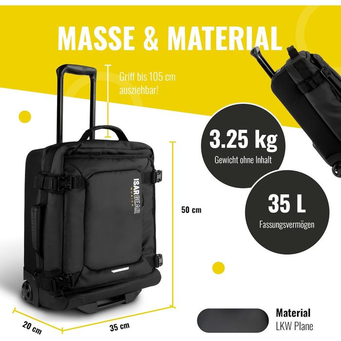 Маленька валіза Isar Gear з 2 колесами (50x35x20 см) - Легка 20-футова тканинна дорожня валіза - Візок для ручної поклажі - Валіза з м&39якою оболонкою (тканинна валіза Softcase) чорного кольору з колесами, висота 50 см