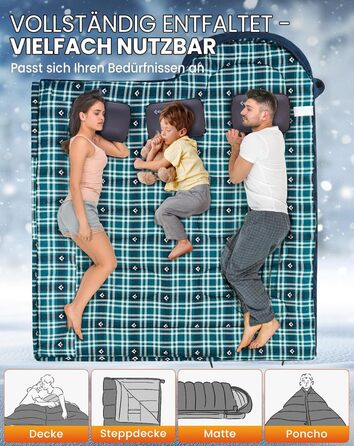 Спальний мішок KingCamp для дорослих, зимовий, фланелевий, компактний, 3-4 сезони, ковдра для кемпінгу, подорожей, наметів, походів, на вулиці, в приміщенні, від 4C до -15C/230 x 90 см Thicker Pro Navy-L-Zip