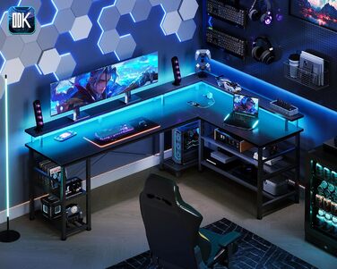 Ігровий стіл ODK зі світлодіодним освітленням, двосторонній ігровий стіл 168120 см з 2 розетками та 2 портами USB для зарядки, великий кутовий стіл із сітчастою полицею, чорний 168120 см чорний