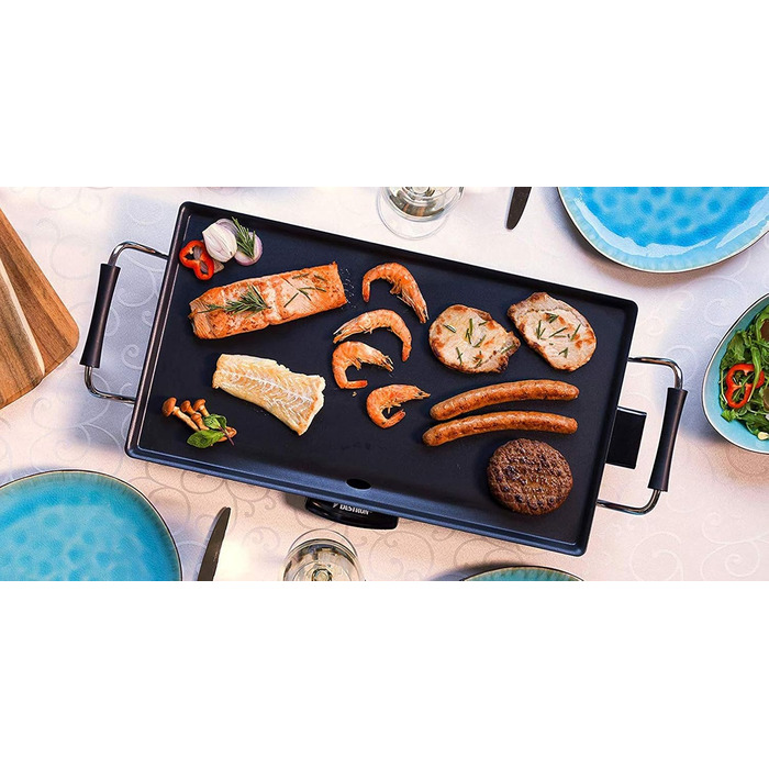 Електричний настільний гриль Bestron, пластина для гриля планча/теппаньякі з антипригарним покриттям, задоволення від гриля до 4 осіб, 2 000 Вт, колір Чорний, 47,5 х 25,5 см