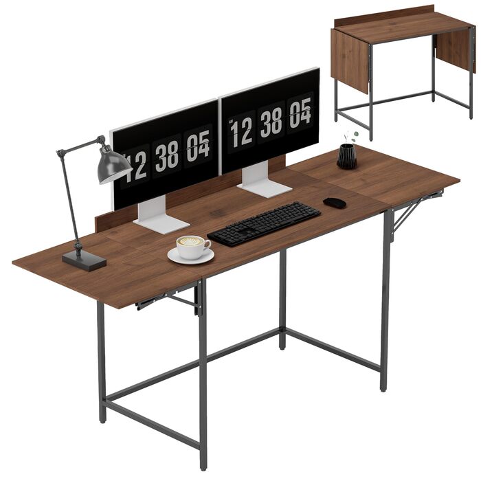 Комп&39ютерний стіл HOMCOM розкладний 170 x 58 см, сучасний дерев&39яний стіл з 2 відкидними клапанами для 2 моніторів, робочий простір для спальні, невеликих кімнат, горіхове дерево