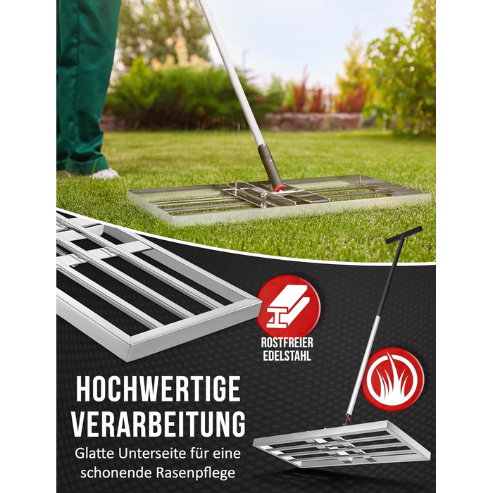 Гребінь для газону з нержавіючої сталі 75x35 см - професійний вирівнювач для газону з ручкою - для розрівнювання, підсипання піском та догляду - ергономічний інструмент для вирівнювання газону, що зберігає спину