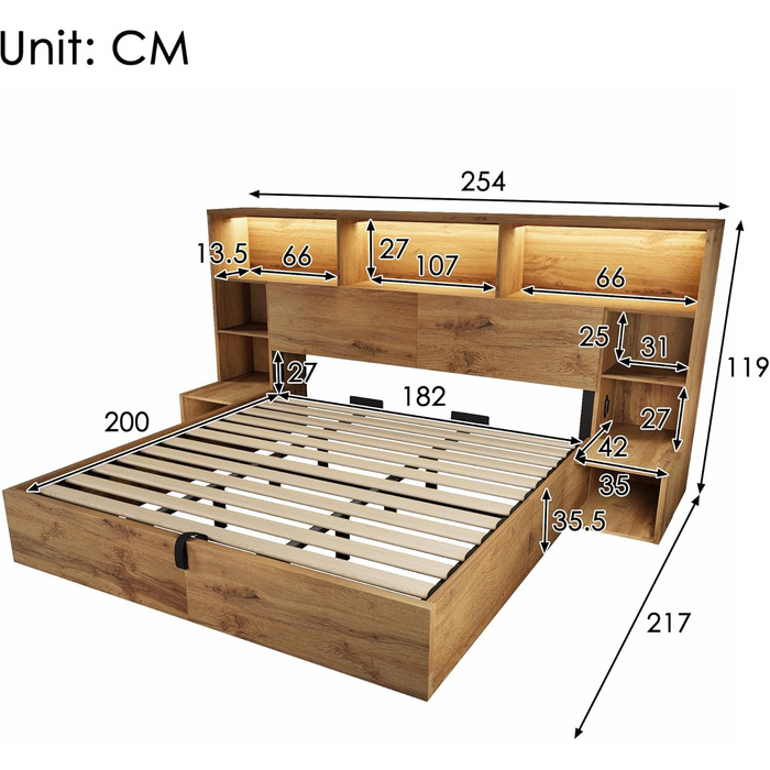 Двоспальне ліжко ANIROY, дерев&39яне ліжко 180x200 см, гідравлічне ліжко з місцем для зберігання речей та узголів&39ям, узголів&39я для зберігання речей зі світлодіодним підсвічуванням та портом USB-C, каркас ліжка System з рейковою основою, матрац не вхо