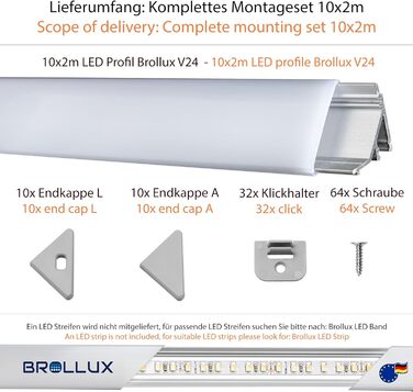 Світлодіодний кутовий профіль Brollux V24, комплект 5 м (5x1 м) Світлодіодний алюмінієвий профіль 45 градусів кутовий алюмінієвий для світлодіодів Стрічка Світлова стрічка без лампочки (профіль 10x2 м з аксесуарами)