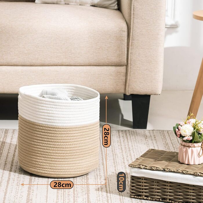 Плетений бавовняний кошик, 2 шт., зберігання іграшок для дитячої кімнати, кошик для зберігання, кошик для рослин для вітальні, спальні, 28(Г) x 28(В) см, натуральний, 2 шт. білий/натуральний