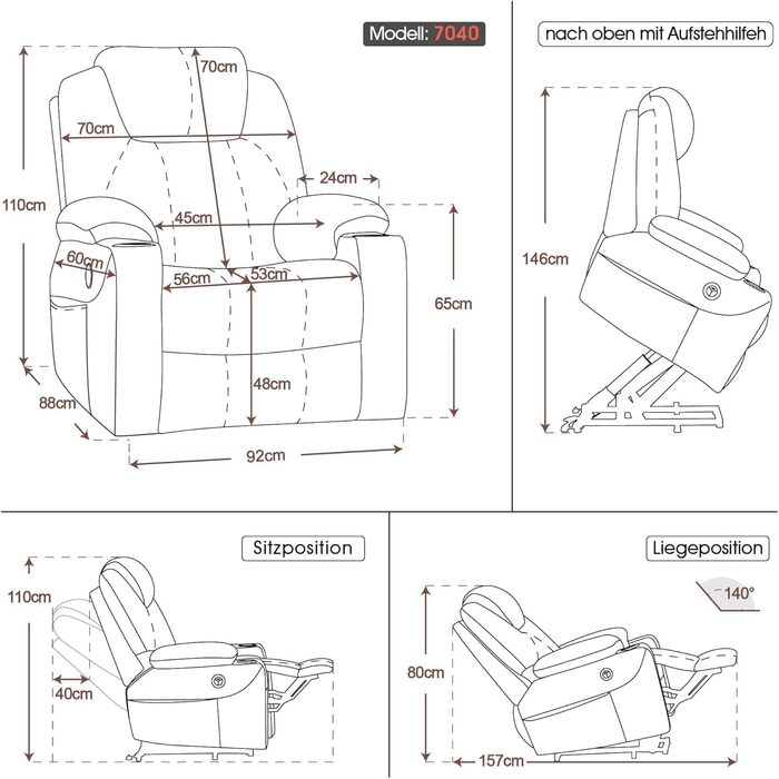 Електричне крісло-реклайнер для телевізора з функцією підйому, крісло-реклайнер з функцією нахилу на 140, регульоване за допомогою кнопки та пульта дистанційного керування, 7040 (тканина, бежевий) Бежева тканина