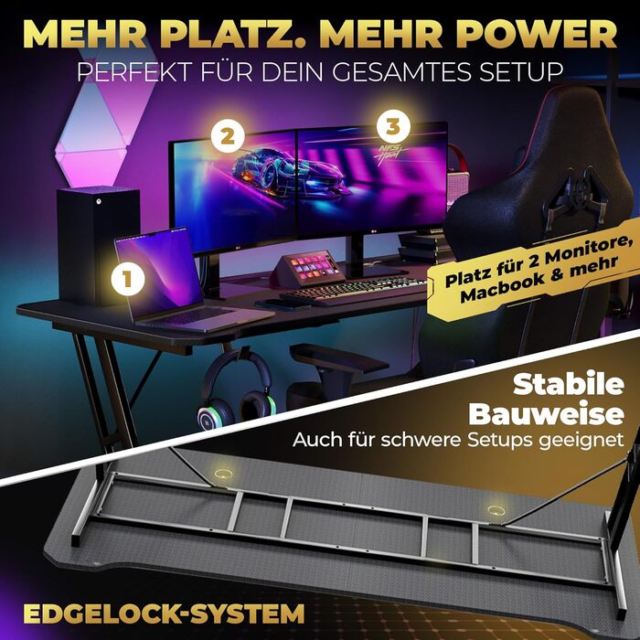 Ігровий стіл 160x70 Стіл з килимком для миші XXL та системою організації кабелів для ПК-геймерів Чорний 160x70x75