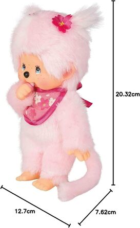 Оригінальна лялька Monchhichi Вишня в цвіту, плюшева фігурка з нагрудником та косичками з квітами, м'яка іграшка рожевого кольору, приблизно 20 см, 767020 -