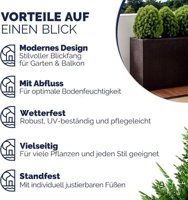 Квітковий ящик Casaria з 3 внутрішніми горщиками, поліратан, знімний, дренаж води, для зовнішнього використання, прямокутний, кашпо, квітковий горщик, піднята грядка, горщик для рослин, коричневий