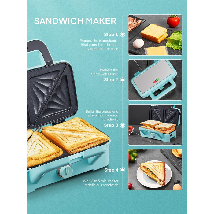 Бутербродниця 3 в 1, вафельниця/контактний гриль/бутербродниця 1200 Вт, 5-швидкісний контроль температури, набори пластин Coater з антиприлипним покриттям, термоізольована ручка, можна мити в посудомийній машині, світлодіодні лампи, синій