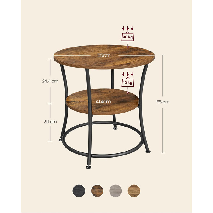 Круглий бічний столик VASAGLE, 2-ярусний журнальний столик, консольний столик, сталевий каркас, для невеликих приміщень, вітальні, спальні, вінтажний коричневий-чорний LET56BX Вінтажний коричневий чорнильний без подовжувача
