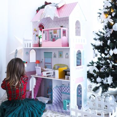 Дерев&39яний ляльковий будиночок 123 см зі світлодіодним підсвічуванням Великий ляльковий будиночок для дітей віком від 3 років з меблями та садом Ляльковий будиночок з підсвічуванням та аксесуарами Креативний ігровий будиночок для дівчаток