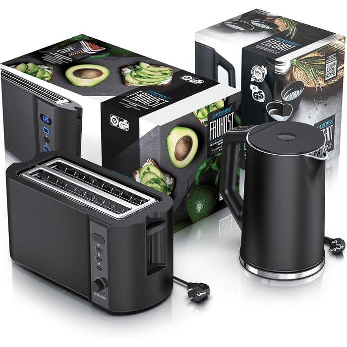 Чайник з тостером SET Нержавіюча сталь чорний, чайник 1,5 л 40 100C Тостер з функцією збереження тепла 4 скибочки LED-дисплей 6 градусів насадки для засмаги