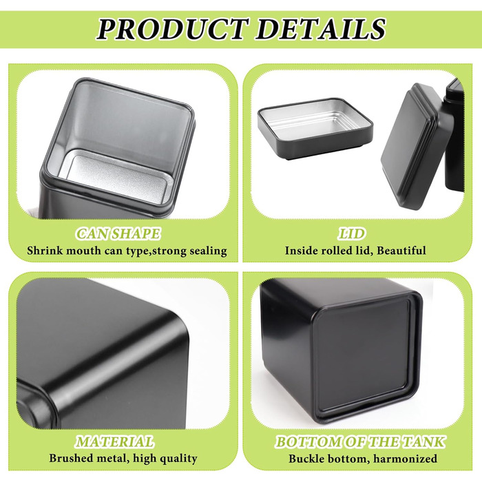 Класичних квадратних чайних банок, 7 x 7 x 8,5 см, металеві чайні баночки для розсипного чаю, включаючи 20 етикеток Чорні банки для зберігання, також ідеально підходять як банки для борошна або спецій (10), 10