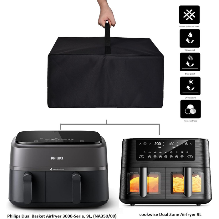 Термостійка, водонепроникна та пилонепроникна кришка для фритюрниці Cookwise AF2-40D06/Philips з подвійним кошиком серії 3000 (NA350/00), 9 л, фритюрниця (чорна)