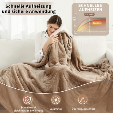 Ковдра з підігрівом 180x130 см, Ковдра з підігрівом та автоматичним вимкненням, 6 налаштувань нагріву, 10-годинний таймер, захист від перегріву, м&39яка фланель та шерпа, можна прати в пральній машині, Ковдра з підігрівом для дивана, ліжка, офісу, бежевий