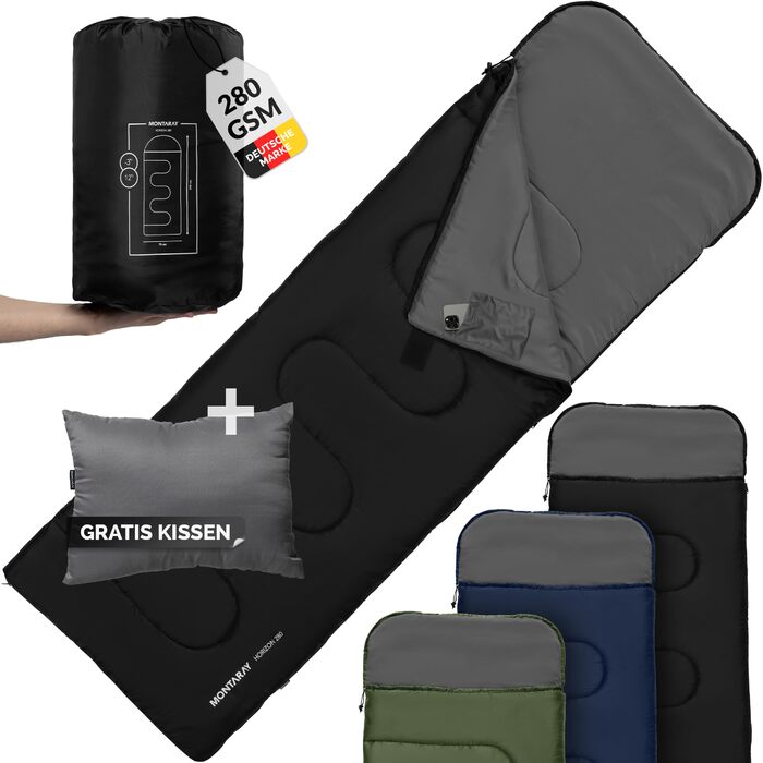 Спальний мішок-ковдра з капюшоном, розрахований на температуру -3C, включаючи подушку - Зимовий та літній спальний мішок для активного відпочинку на 3-4 сезони (75 x 220 см) - Спальний мішок-кабінка для чоловіків та жінок (теплий), чорний, 280 г/м, з капю