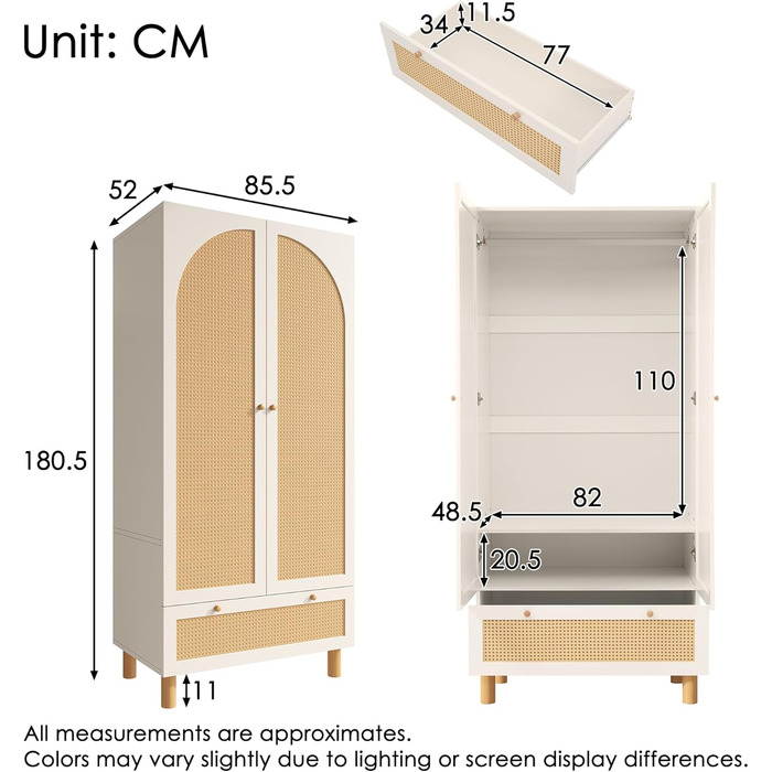 Шафа EMKK з 2 дверима, плетена шафа з ротанга, багатофункціональна шафа в сільському стилі, гардеробна-шафа, з великою шухлядою, біла, 180x85x52 см (В/Ш/Г)