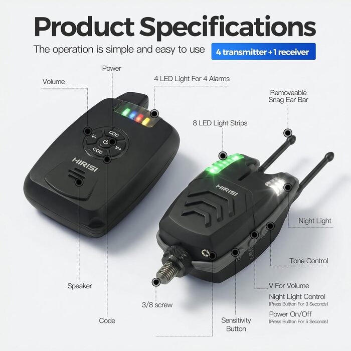 Бездротовий сигналізатор Hirisi Tackle Carp Fishing, 4 сигналізації та 1 приймач, повністю функціональні індикатори клювання, бездротова риболовля SX1-3
