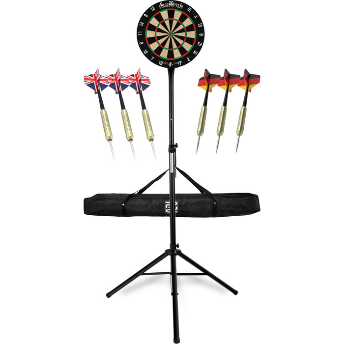 Комплект мішені для дротиків Stagecaptain DBS-1715C Bullseye Champion - професійна мішень для дротиків із сизалевої сталі - регульована по висоті чорна підставка для дротиків із сумкою - 6 дротиків та 4 комплекти дергаків