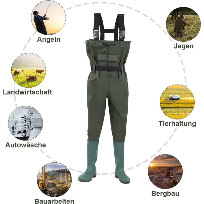 Вейдерси з нейлону 70 деньє, рибальські вейдерси з ПВХ, водонепроникні вейдерси для ставка з гумовими чобітьми, поясом, кишенями та одним вільним гачком, підходять для риболовлі, полювання, миття автомобілів, сільськогосподарських робіт, розмір 42, зелені