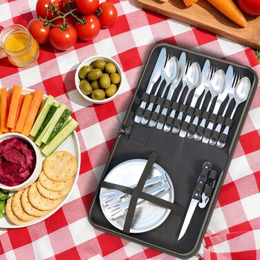 Набір посуду для кемпінгу на 4 особи, столові прибори з нержавіючої сталі (виделки, ножі та ложки), з чохлом для зберігання, портативний набір для пікніків, барбекю та відпочинку на природі