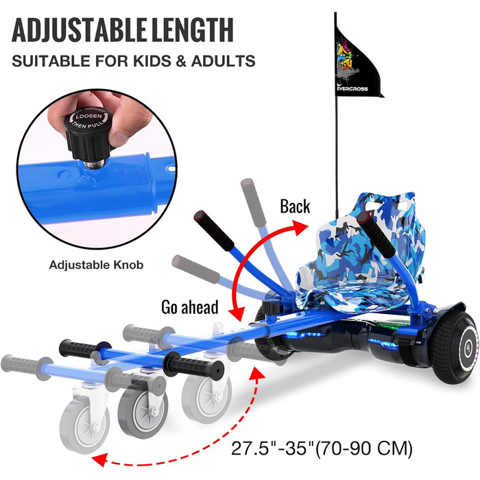 Гіроскутер EVERCROSS EV2 із сидінням – акумулятор 5,2 Аг, 15 км/год, музика через Bluetooth, 7-кольорове підсвічування педалей, вантажопідйомність 85 кг, з ховеркартом для дітей, підлітків та дорослих