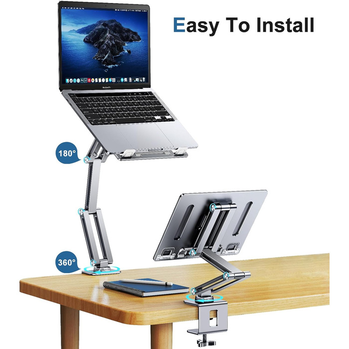 Тримач для ноутбука з поворотним механізмом на 360, алюмінієва підставка для ноутбука на стіл, регульована, складна підставка/тримач для ноутбуків та планшетів 10-16 дюймів, сріблястий