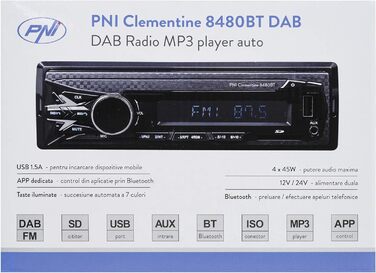 Автомобільна магнітола DAB MP3 PNI Clementine 8480BT, 4x45 Вт, 12/24 В, 1 DIN, з SD, USB, AUX, RCA, Bluetooth і USB 1.5A для зарядки телефону Single