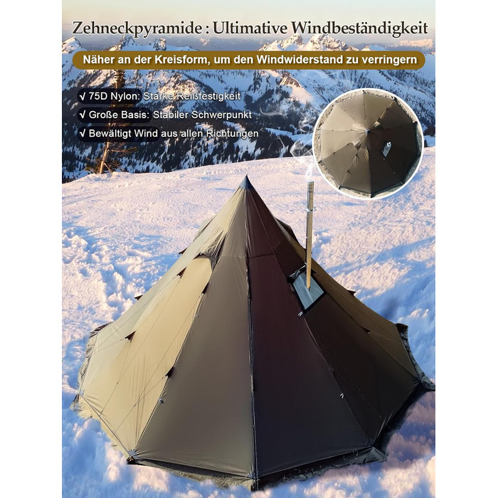 Намет TOMOUNT Tipi з нейлону, індіанський намет з високим хребтом для 6 осіб, пірамідальний намет з отвором для плити, 4-сезонний кемпінговий намет для активного відпочинку, кемпінгу, пішого туризму, трекінгу, самостійного виготовлення