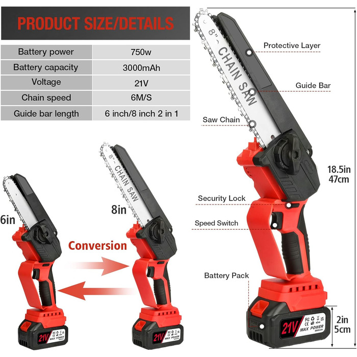 Акумуляторна бензопила, 6&8 дюймова бензопила з акумулятором 3000 мАг, безщітковий двигундва акумулятора 21В, портативна акумуляторна міні-бензопила, з бризковиком та запобіжним замком (червоний)