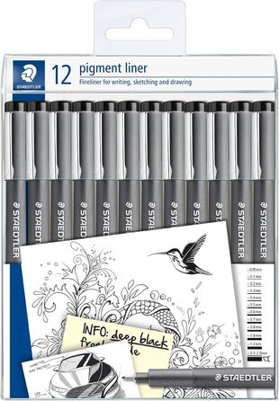 Чорні пігментні вкладиші STAEDTLER різної ширини лінії, документостійкі пігментні чорнила, довгий металевий наконечник, тривалий термін служби, 12 вкладишів у 12 ширині ліній, 308-9 TB12