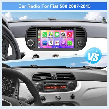 Автомагнітола для Fiat 500 2007-2015 з бездротовим Carplay та головним пристроєм Android Auto, 232 ГБ 7-дюймовий IPS HD сенсорний екран з GPS-навігацією/голосовим керуванням/WiFi/SWC/Bluetooth 5.2/FM/камерою заднього виду, чорний колір