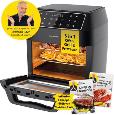 Цифрова фритюрниця Rachs KOCHWERK 12 літрів з пакетом аксесуарів XXL Духовка, гриль і фритюрниця з оглядовим вікном і сенсорним екраном Фритюрниця без олії 10 програм і функція таймера
