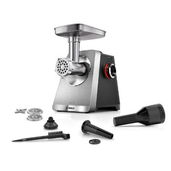Електрична м'ясорубка Bosch MultiPower Serie 8 MFWS820M, 2500 Вт, нержавіюча сталь, 3 диски (3/4.5/8 мм), насадки для кеббе та ковбас, придатна для миття в посудомийній машині