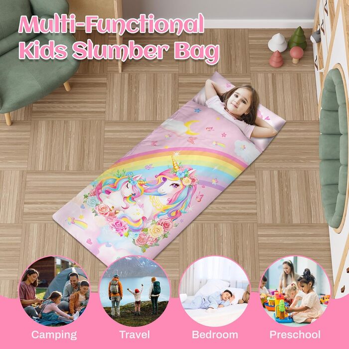 Дитячий спальний мішок зі знімною подушкою, теплий дитячий спальний мішок з подвійною блискавкою для дівчаток та хлопчиків, складний спальний мішок-ковдра для кемпінгу в приміщенні та на свіжому повітрі, єдиноріг 15060 см