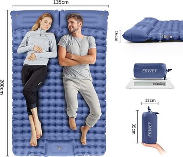Килимок для кемпінгу для 2 осіб, 200x135 см, надлегкий, надувний матрац, килимок для сну з ножним насосом, складний килимок для сну з подушкою, темно-синій, двоспальний