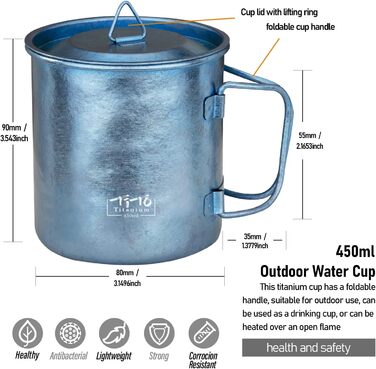 Титанова чашка TiTo, для кемпінгу, чаю, кави, води, надлегка, портативна, посуд, 450 мл, складна ручка, титанова каструля з кришкою, для активного відпочинку на свіжому повітрі, походів, пікніків, посуду для напоїв, синього кольору