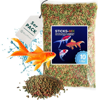 Різнокольорові пакетики Pond Sticks Mix об&39ємом 50 літрів (5 x 10 л), преміальний повнораціонний корм, корм для риб, корм для коропів коі, корм для золотих рибок, корм для ставкових риб, корм для ставкових риб з вітамінами Tricolore, не каламутний