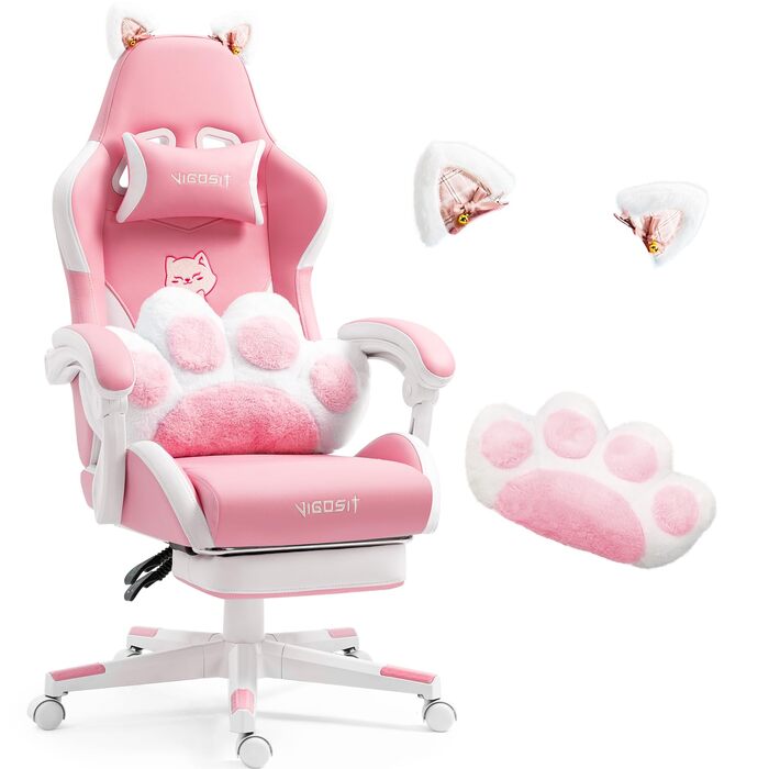Миле ігрове крісло з поперековою подушкою у формі котячої лапи та котячими вушками, ергономічне ігрове крісло з підставкою для ніг, регульоване ігрове крісло для ПК для дівчаток, підлітків, дітей, рожеве