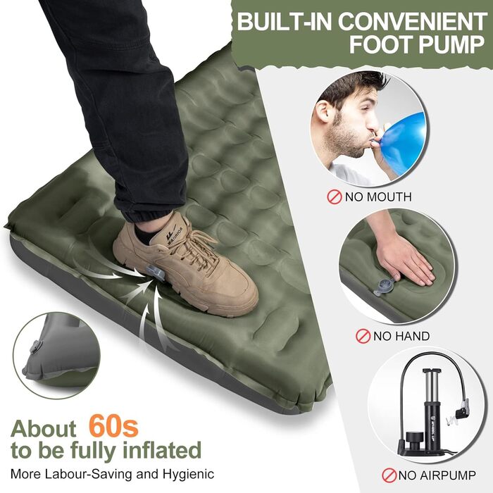 Килимок для сну в кемпінгу, надувний матрац товщиною 12 см, невеликий розмір упаковки, водонепроникний надувний матрац для вулиці з ножним насосом та подушкою, килимок для сну з антиріпстопом для походів та пляжу, армійський зелений