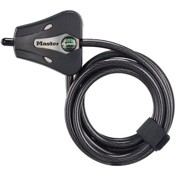 Велосипедний замок Master Lock 8418D Python з ключем, регульований металевий тросовий замок з атмосферостійким вініловим покриттям для спорядження для активного відпочинку, велосипедів, трейлерних камер, довжина 1,8 м, чорно-сріблястий, діаметр 6&39 x 5/1