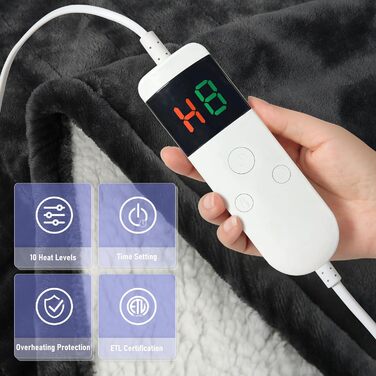 Ковдра з підігрівом та автоматичним вимкненням, 130x180 см, 10 налаштувань температури, 8-годинний таймер автоматичного вимкнення, захист від перегріву, фланелева ковдра з підігрівом, можна прати в пральній машині, для дому та офісу, темно-сіра, 130 x 180