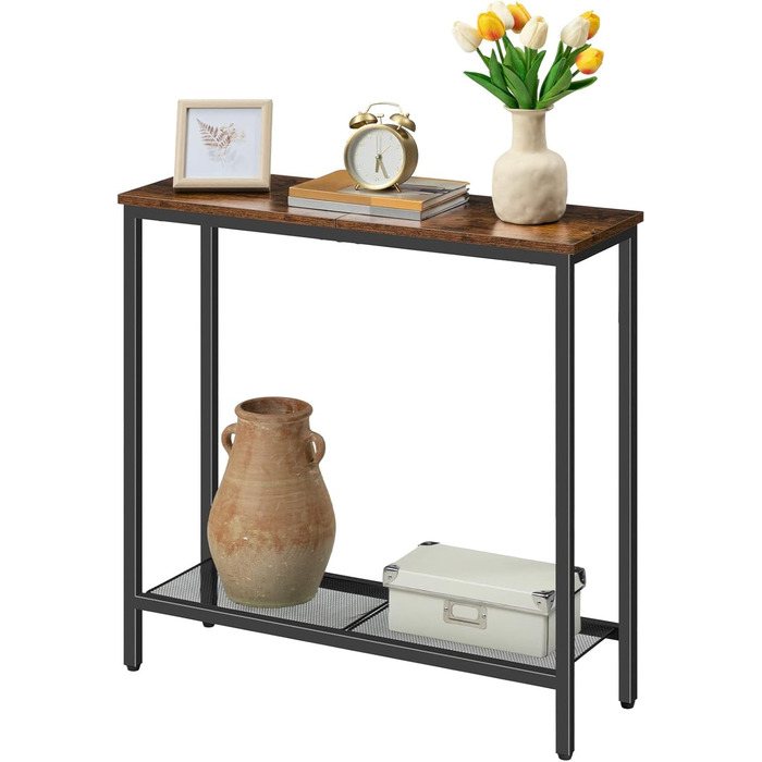 Вузький консольний столик HOOBRO з полицями, 75 x 24 x 75 см, бічний столик, столик для передпокою, вітринний столик, диван-столик, для входу, передпокою, вінтажний коричнево-чорний EBF74XG01 Вінтажний коричневий чорний