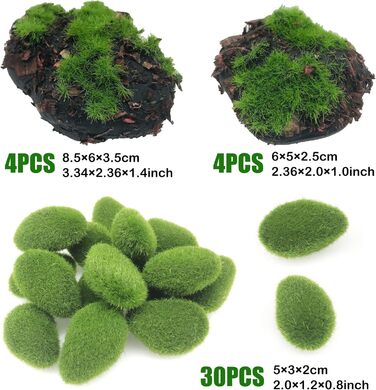 Учних мохових кульок, 30 декоративних штучних мохових каменів і 8 шт. учних мохових каменів із тирси для створення квіткових композицій, казкових садів і ремесел, 38 шт.
