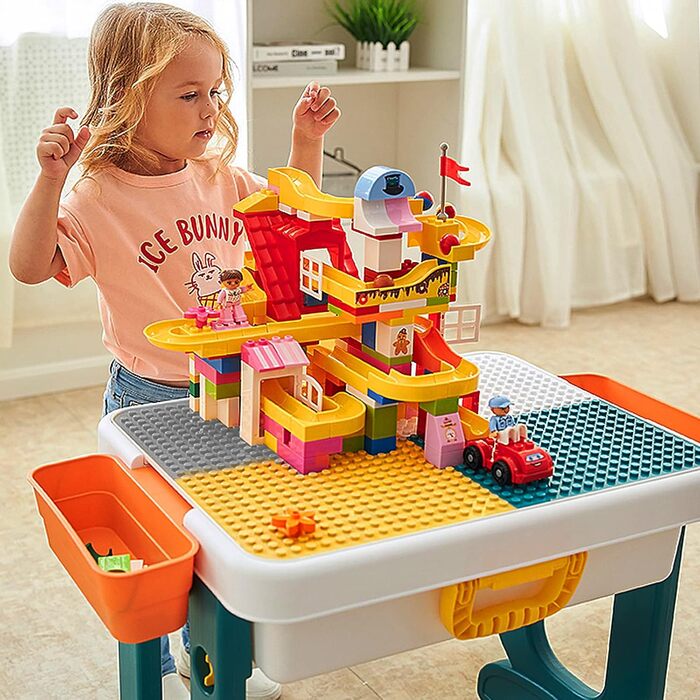 Дитячий настільний ігровий стіл AufuN 5-в-1 з регульованою висотою та стільцями, ігровий стіл, великий багатофункціональний набір будівельних блоків, пісочниця з місцем для зберігання, 2 стільці, подарунок для хлопчиків та дівчаток 63 x 47 x 56 см