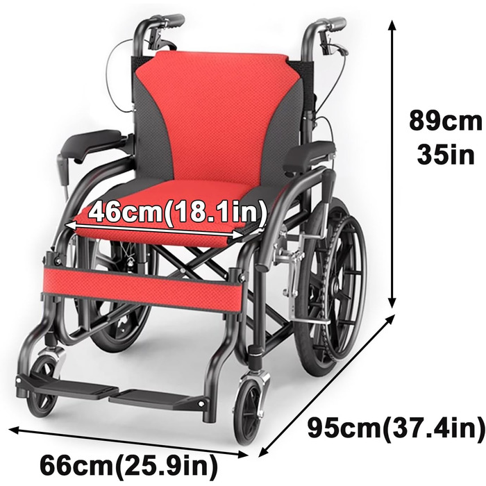 Туристичний інвалідний візок, складний транспортний інвалідний візок, стандартні інвалідні візки з ручним керуванням, для молоді, людей похилого віку, людей з постійною рухливістю (66X95X89 см (25,9X37,4X35 дюймів))