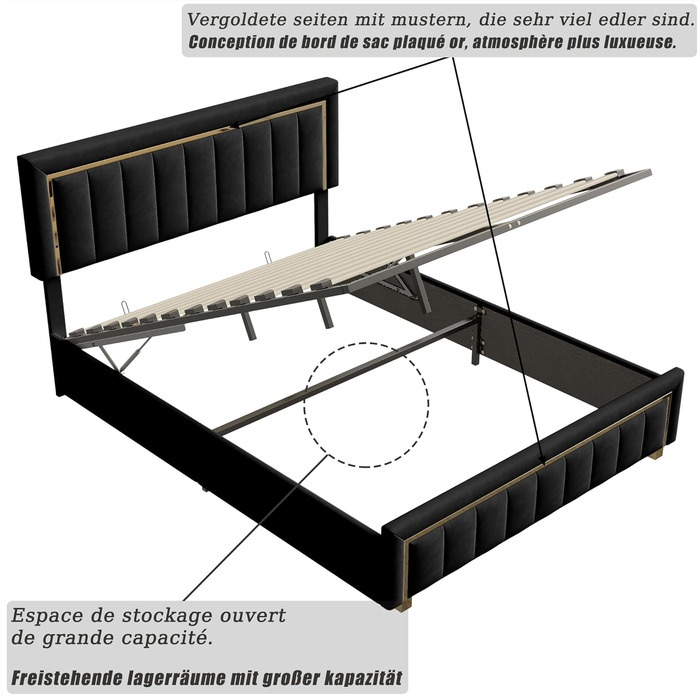 М&39яке ліжко 140x200 з місцем для зберігання, гідравлічне ліжко з місцем для зберігання, двоспальне ліжко з узголів&39ям, каркас ліжка з рейковою основою, каркас ліжка для дорослих, оксамит (чорний, 140 x 200 см) Black-c 140 x 200 см