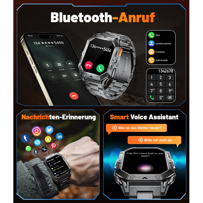 Чоловічий військовий смарт-годинник, 2.13-дюймовий AMOLED з 256 МБ, акумулятор 1000 мАг, барометр/альтиметр/компас, смарт-годинник з функцією телефону, понад 100 спортивних режимів, фітнес-трекер, водонепроникність 10 атм для Android та iOS TX1-EC